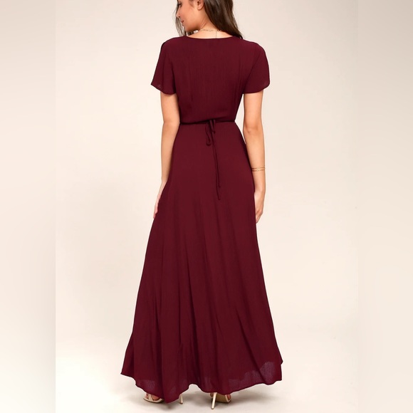 Lulus Wrap Maxi Dress Women,s Medium Burgundy Short Sleeve Slit Flutter New - Picture 3 of 9